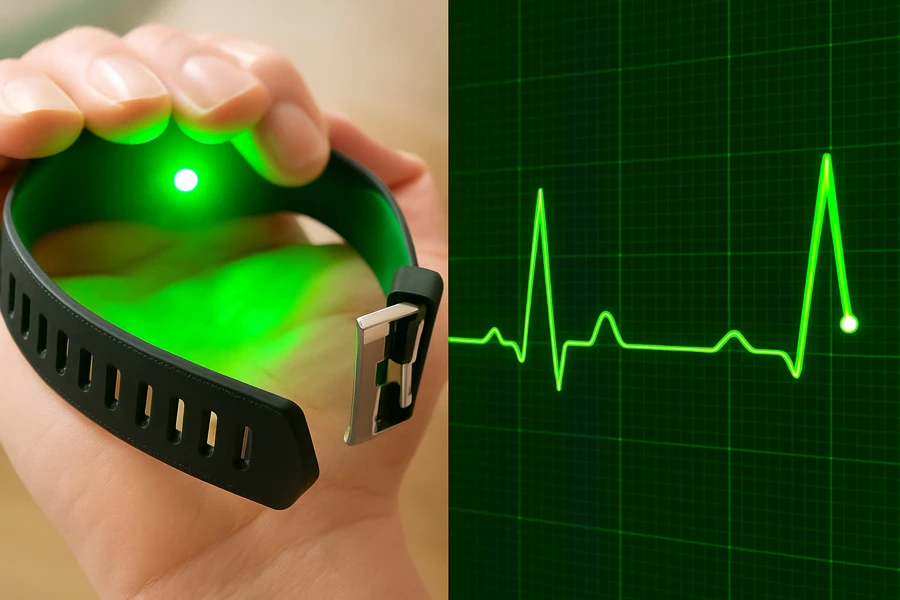 L'image est composée de deux parties. À gauche, une main tient une SmartTrack émettant une lumière verte intense, probablement utilisée pour mesurer la fréquence cardiaque ou d'autres indicateurs vitaux via un capteur optique. À droite, un écran affiche un tracé de signal ECG (électrocardiogramme) vert, représentant la fréquence cardiaque avec un pic distinctif, symbole d'une mesure en temps réel.