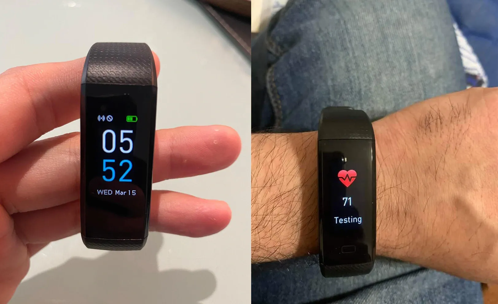 Cette image montre une main portant une montre SmartTrack noire avec un écran qui affiche la fréquence cardiaque (HR) avec un symbole de cœur battant. La personne semble interagir avec le dispositif en appuyant sur l'écran. Le contexte extérieur est légèrement flou, mettant en valeur l'appareil et l'action.