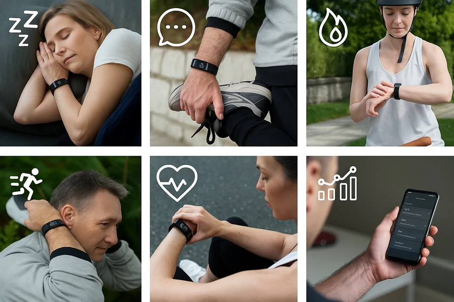 Cette image est un collage de six photos montrant différentes utilisations de la montre SmartTrack. Chaque photo est accompagnée d'une icône symbolisant une fonction de la montre.